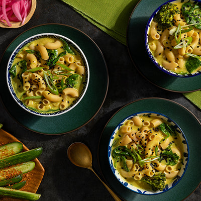 Golden Coconut, Broccolini, and Spinach Pasta Soup