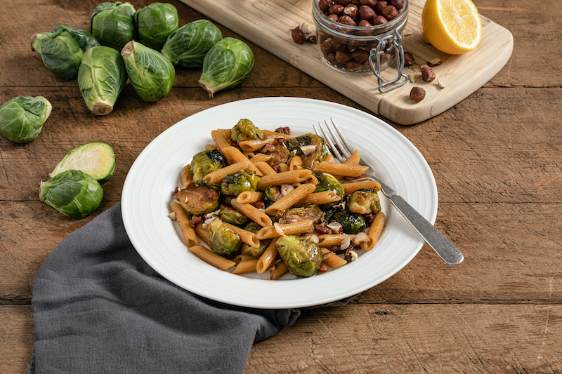 ZENB Penne with Balsamic Roasted Brussels Sprouts & Pancetta Recipe