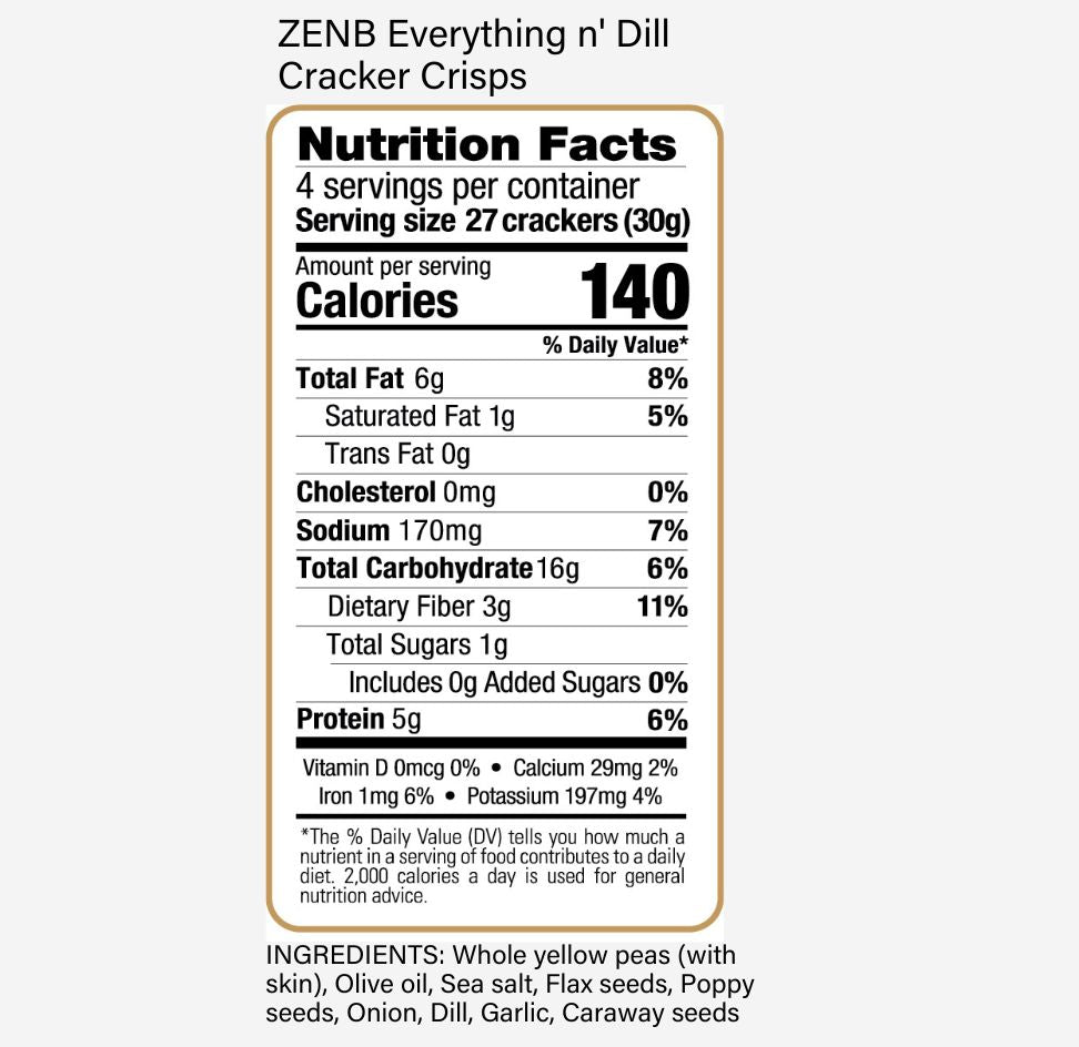 Nutrition Facts label for ZENB Everything n' Dill Cracker Crisps