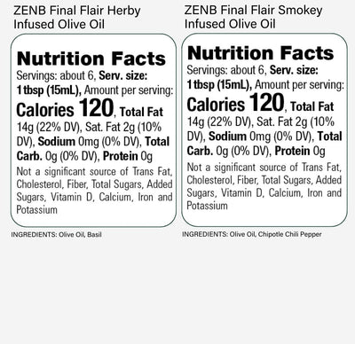 Nutrition Facts label for ZENB Herby and Smokey Final Flair Olive Oils