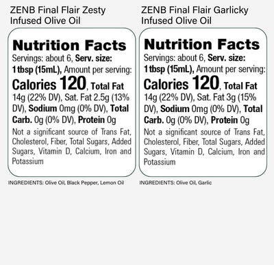 Nutrition Facts label for ZENB Zesty and Garlicky Final Flair Olive Oils