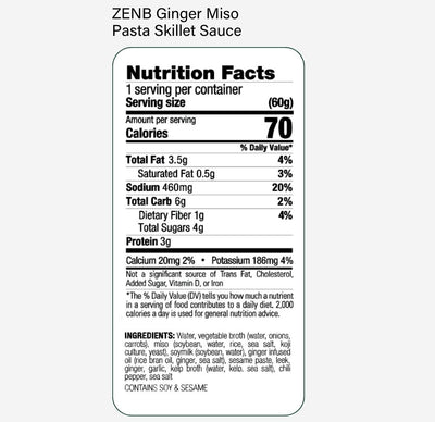Nutrition Facts label for ZENB Ginger Miso Skillet Sauce