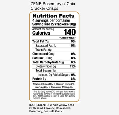 Nutrition Facts label for ZENB Rosemary n' Chia Cracker Crisps