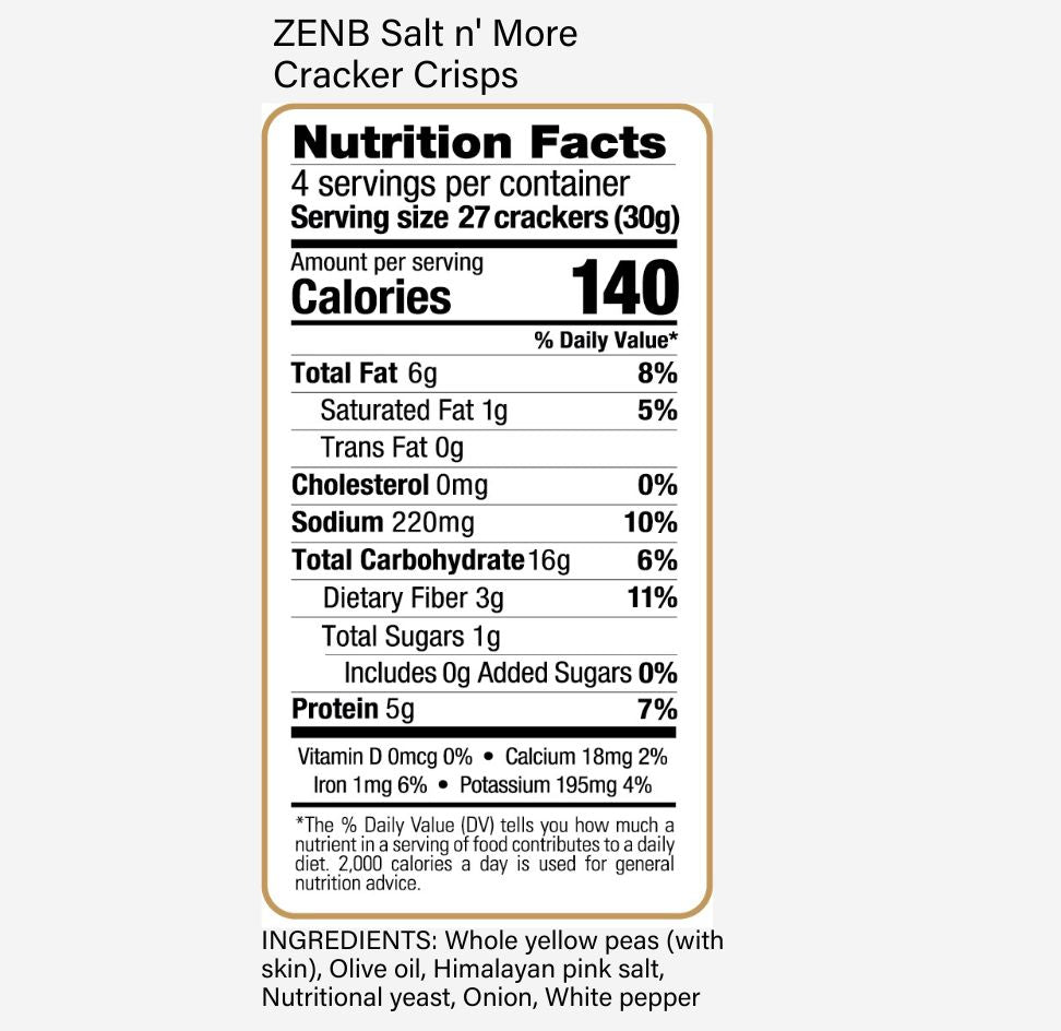 Nutrition Facts label for ZENB Salt n' More Cracker Crisps
