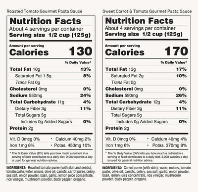 View Nutrition Facts label for ZENB Roasted Tomato Gourmet Pasta Sauce and Sweet Carrot & Tomato Gourmet Pasta Sauce