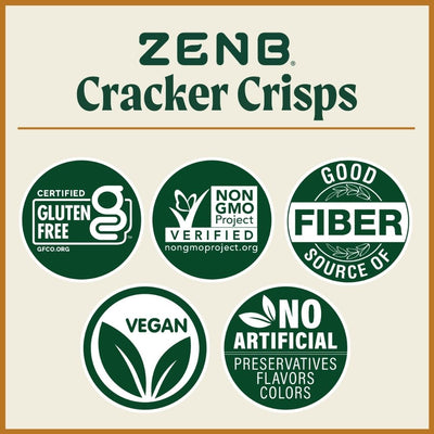 A chart with graphics and icons indicating Cracker Crisps are Certified gluten-free, Verified non-GMO, a good source of fiber, vegan, and have no artificial preservatives, flavors, or colors