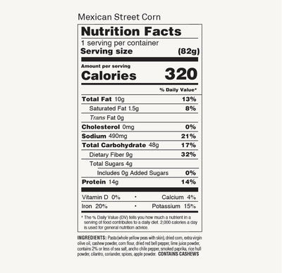 Nutrition Facts label for ZENB Mexican Street Corn Pasta Agile Bowls
