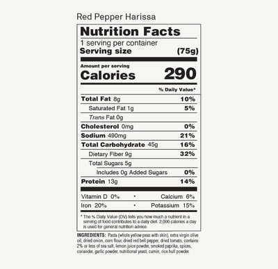 Nutrition Facts label for ZENB Red Pepper Harissa Pasta Agile Bowls
