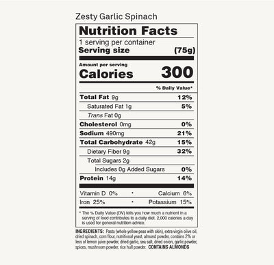 Nutrition Facts label for ZENB Zesty Garlic Spinach Pasta Agile Bowls
