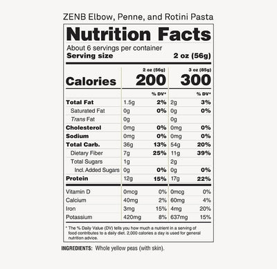 Nutrition Facts label for ZENB Elbows, Penne, and Rotini Pasta 2 oz (56g) and 3 oz (85g) servings
