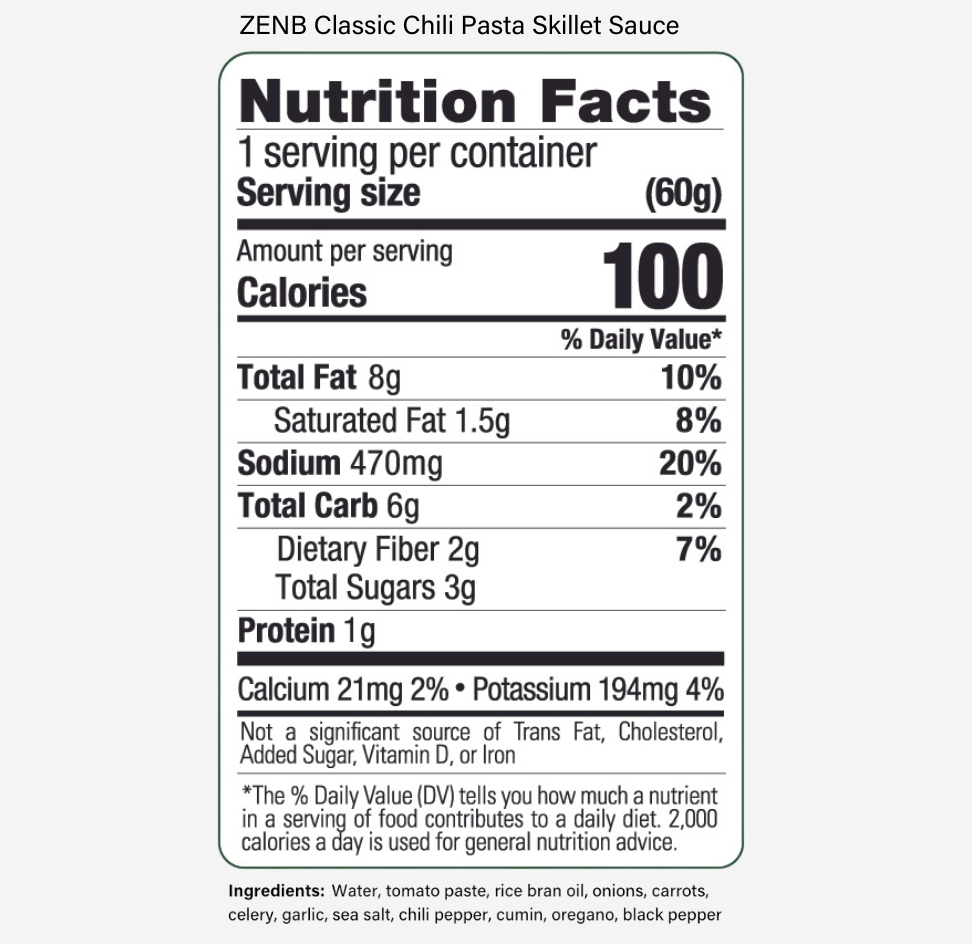 Nutrition Facts label for ZENB Classic Chili Pasta Skillet Sauce