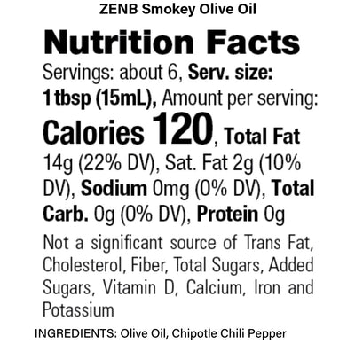 Nutrition Facts label for ZENB Smokey Final Fialr Olive Oil