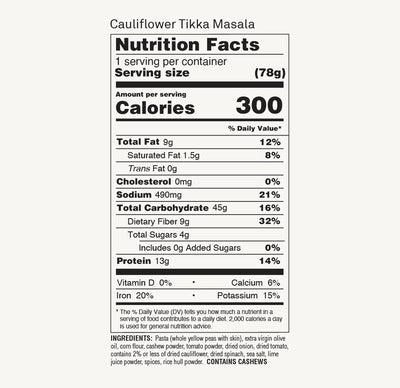 Nutrition Facts label for ZENB Cauliflower Tikka Masala Pasta Agile Bowl