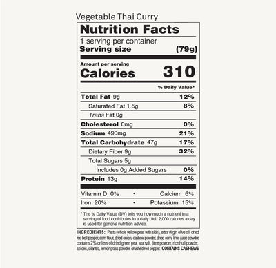 Nutrition Facts label for ZENB Vegetable Thai Curry Pasta Agile Bowl