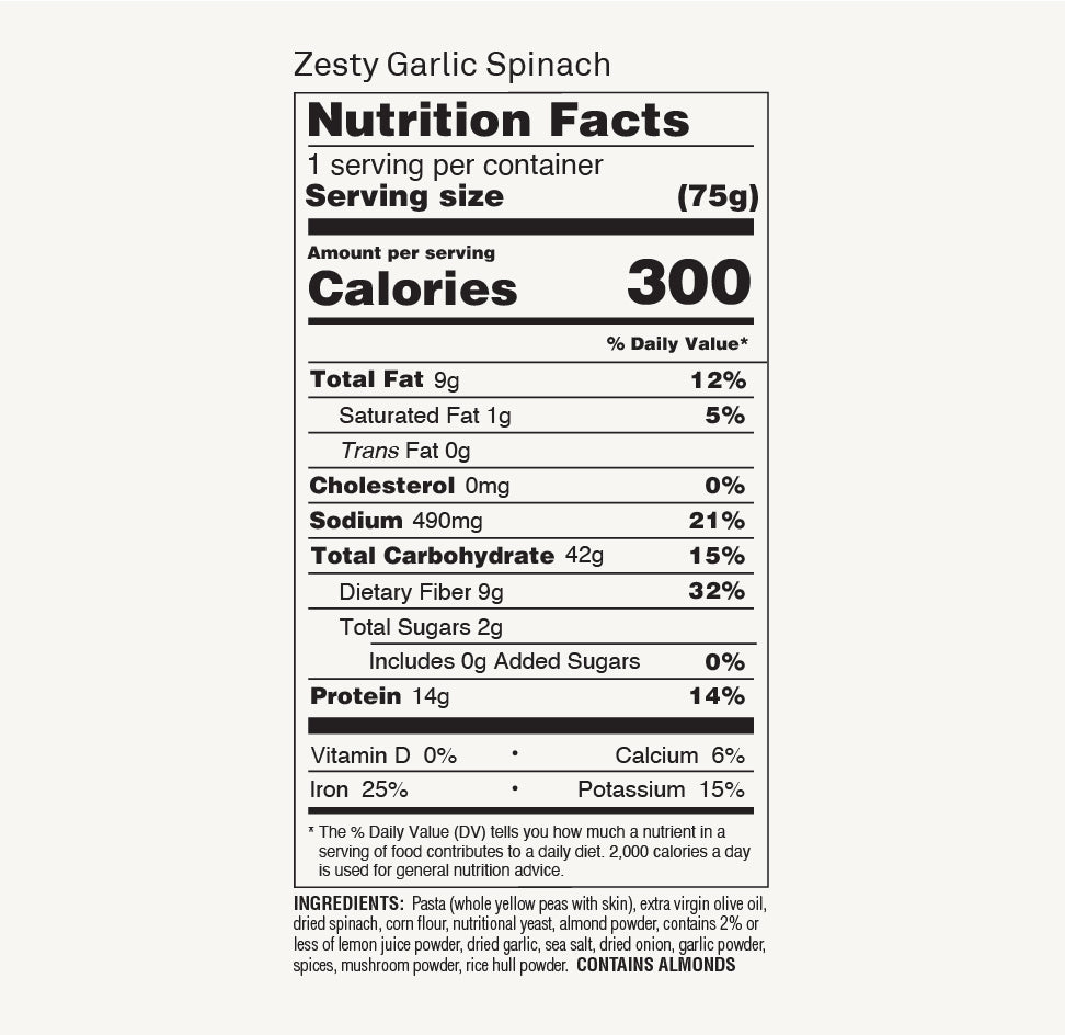 Nutrition Facts label for ZENB Zesty Garlic Spinach Pasta Agile Bowl